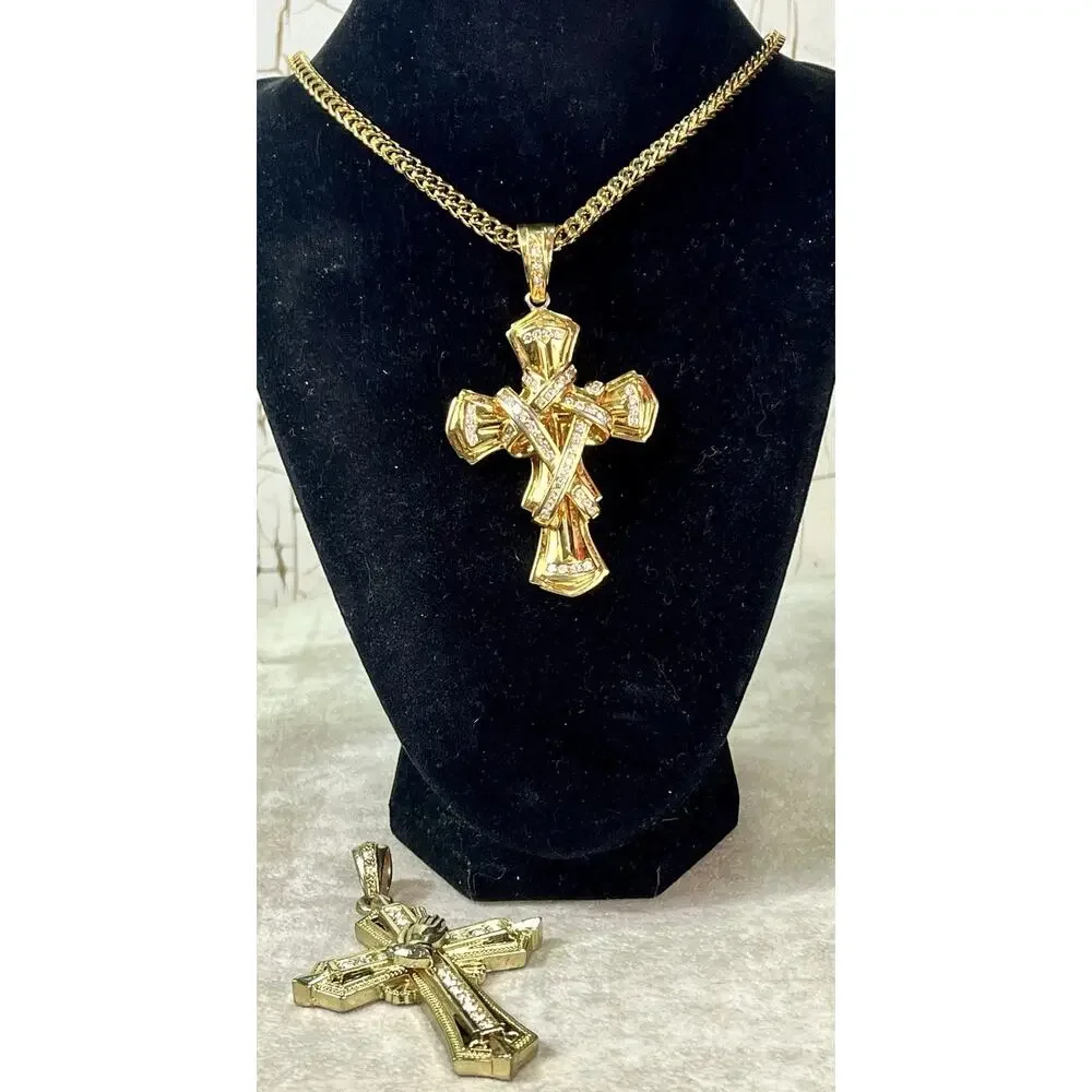 Lg Gold Tone Cross Pendant Lot w 30” Stainless Chain 2 Interchangeable Pendants